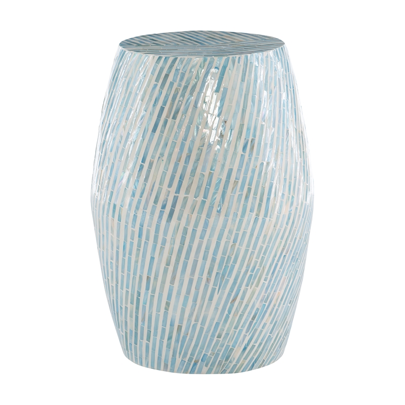 Maklaine Round Drum Table with Capiz Shell Finish in Light Blue/White