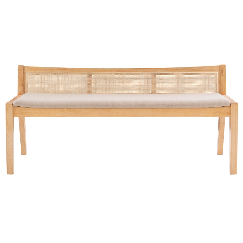 Maklaine Wood Bench Woven Cane Back Beige Padded Seat in Natural Finish