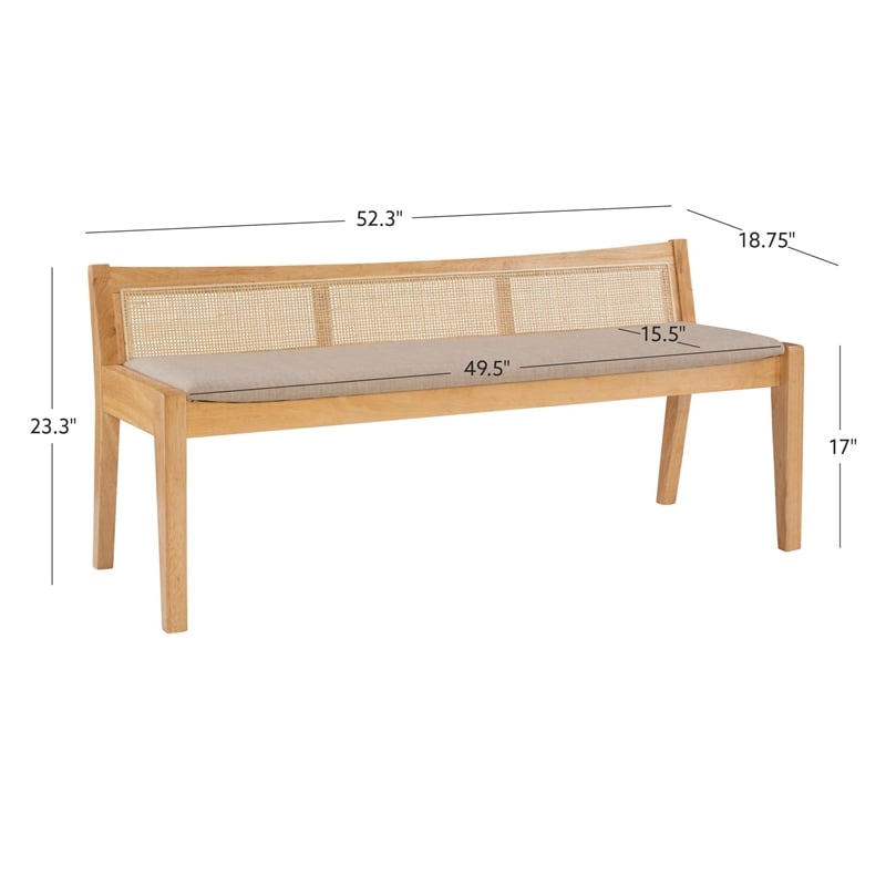 Maklaine Wood Bench Woven Cane Back Beige Padded Seat in Natural Finish