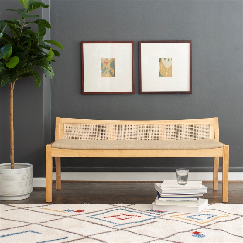 Maklaine Wood Bench Woven Cane Back Beige Padded Seat in Natural Finish
