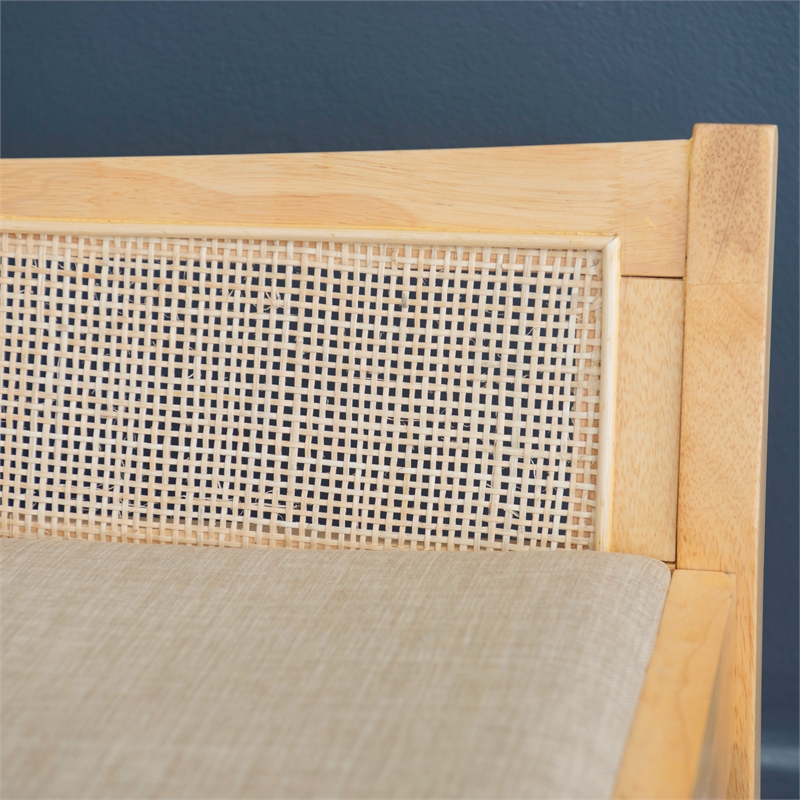 Maklaine Wood Bench Woven Cane Back Beige Padded Seat in Natural Finish
