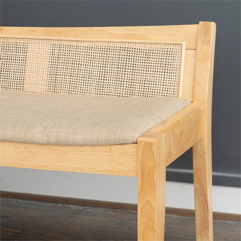 Maklaine Wood Bench Woven Cane Back Beige Padded Seat in Natural Finish