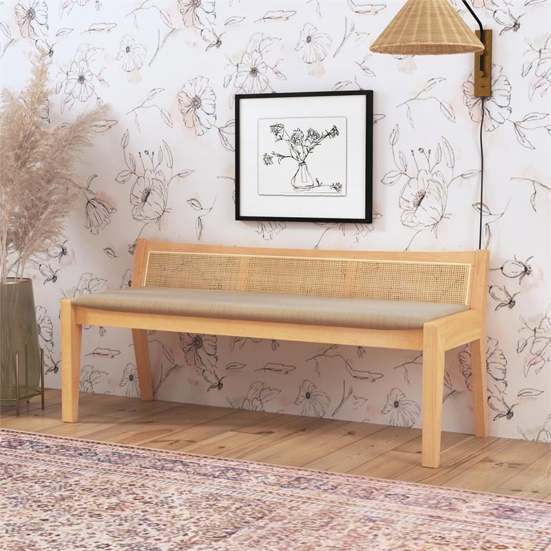 Maklaine Wood Bench Woven Cane Back Beige Padded Seat in Natural Finish