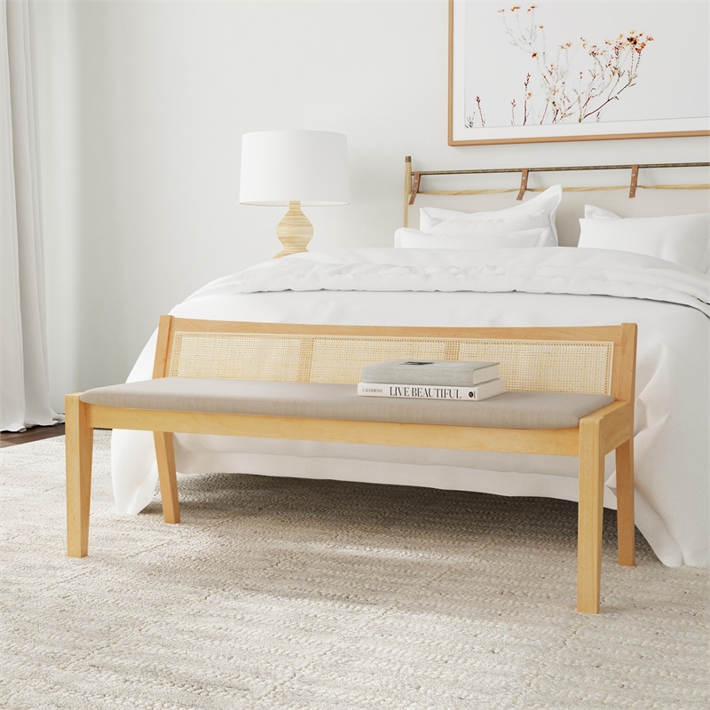Maklaine Wood Bench Woven Cane Back Beige Padded Seat in Natural Finish