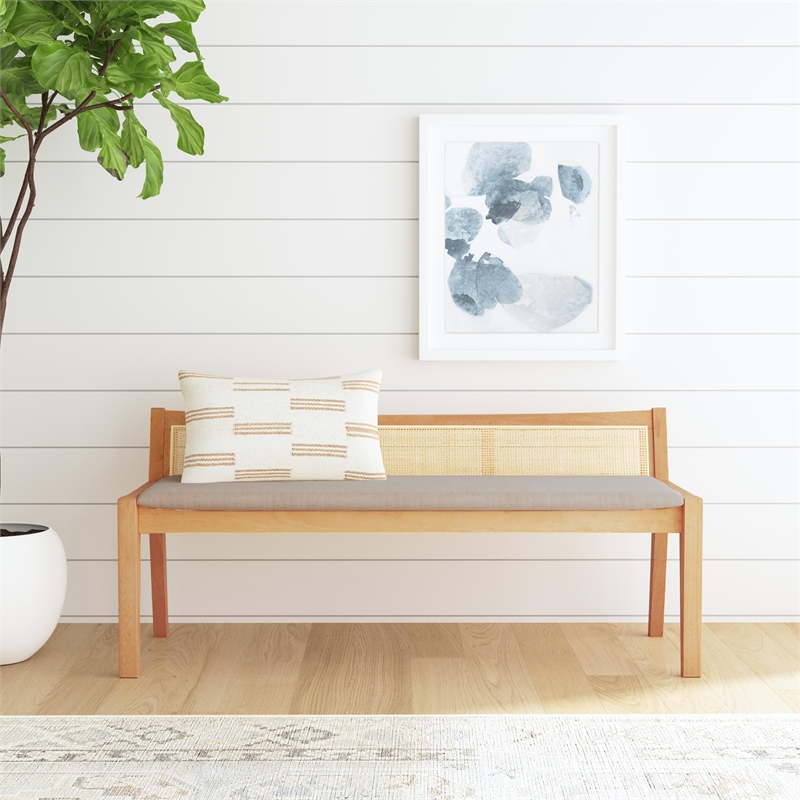 Maklaine Wood Bench Woven Cane Back Beige Padded Seat in Natural Finish
