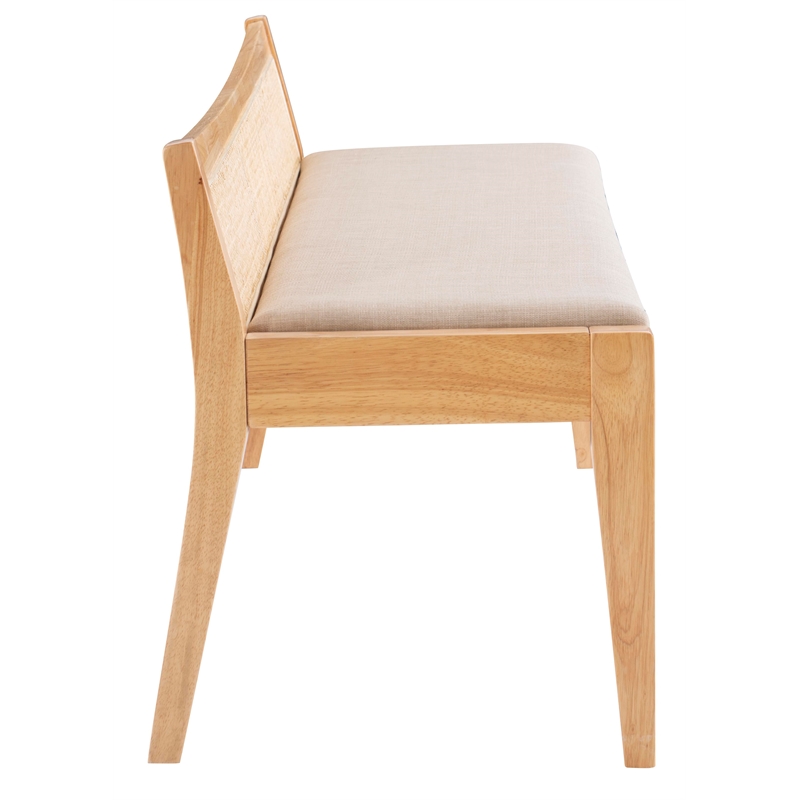 Maklaine Wood Bench Woven Cane Back Beige Padded Seat in Natural Finish