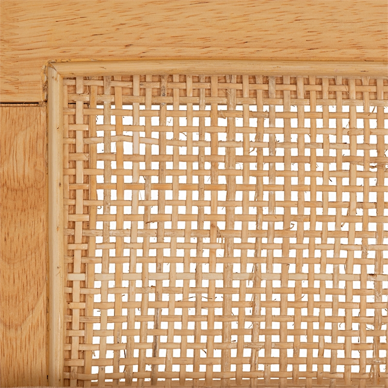Maklaine Wood Bench Woven Cane Back Beige Padded Seat in Natural Finish