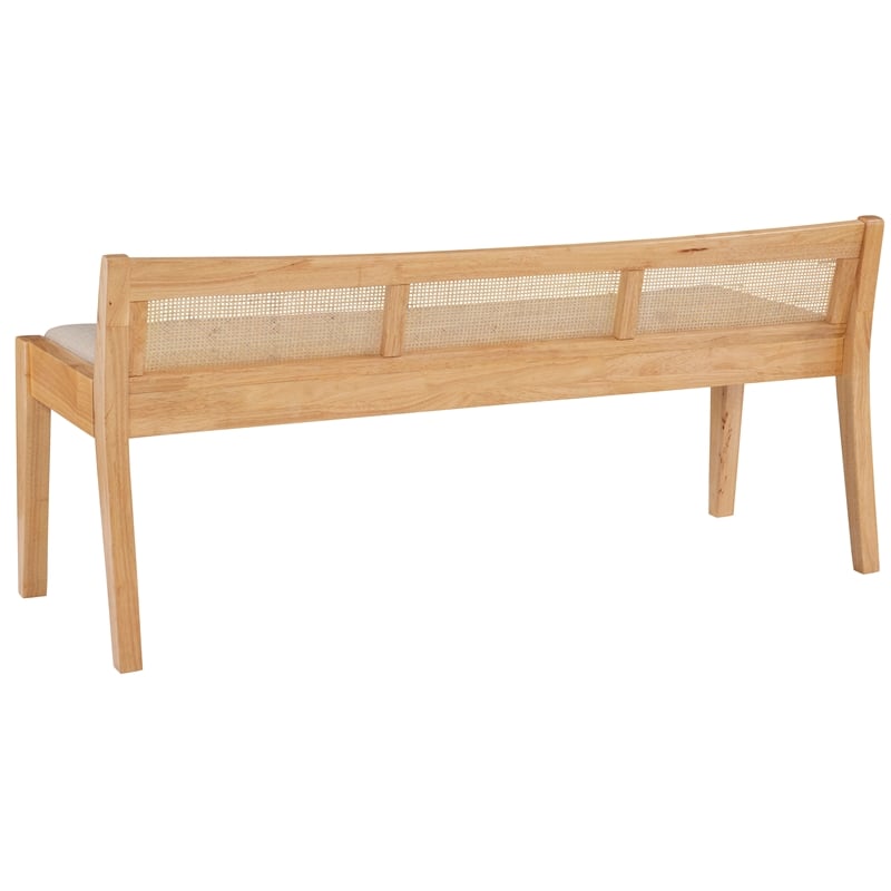 Maklaine Wood Bench Woven Cane Back Beige Padded Seat in Natural Finish