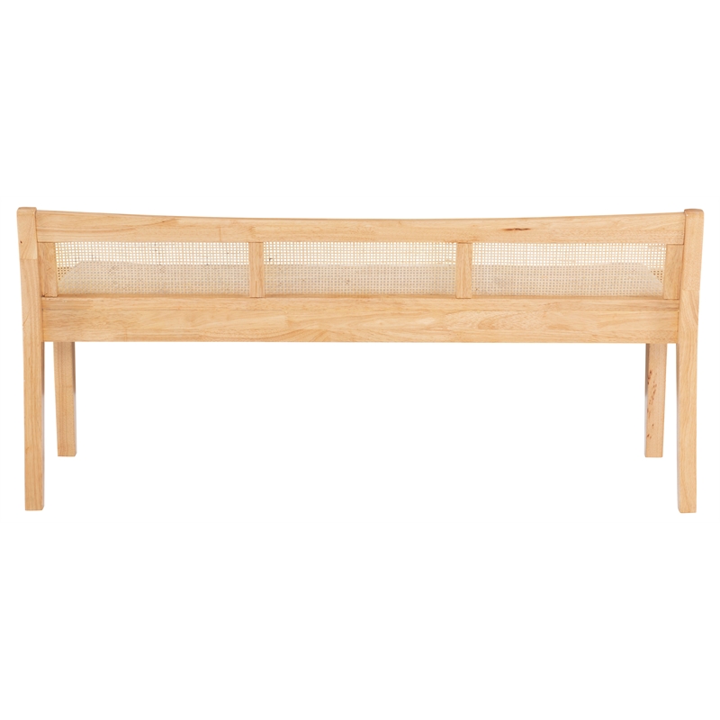 Maklaine Wood Bench Woven Cane Back Beige Padded Seat in Natural Finish