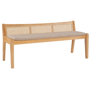 Maklaine Wood Bench Woven Cane Back Beige Padded Seat in Natural Finish