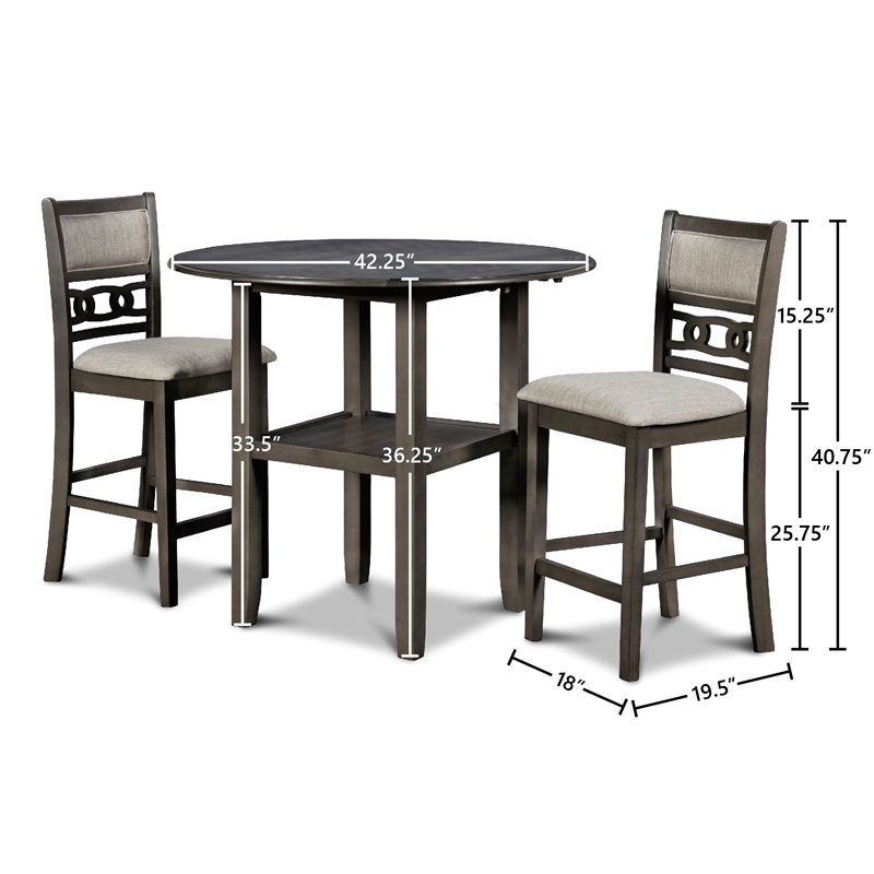 Maklaine Solid Wood Counter Drop Leaf Table W/2 Chairs in Gray