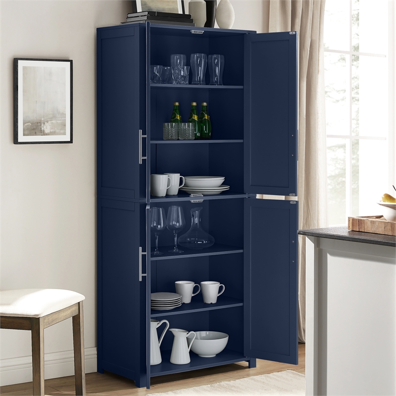 Maklaine Modern Traditional Wood Kitchen Storage Pantry in Navy