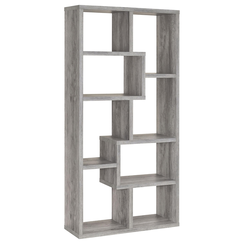 Maklaine 10-Shelf Contemporary Tall Spacious Wood Bookcase in Gray