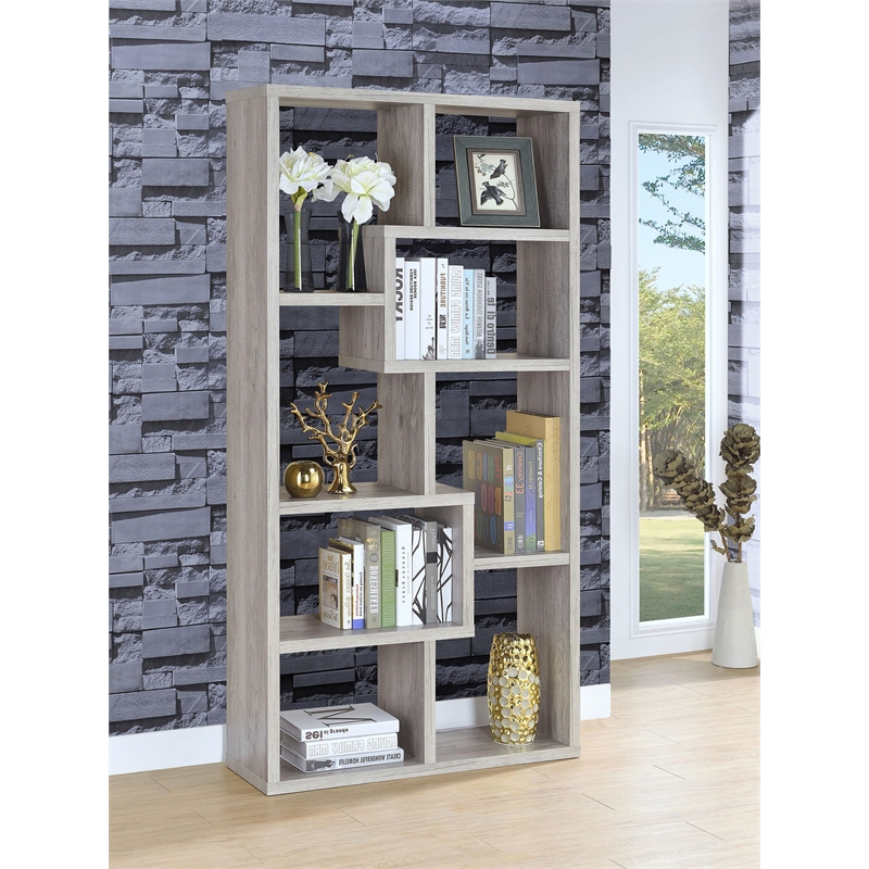 Maklaine 10-Shelf Contemporary Tall Spacious Wood Bookcase in Gray