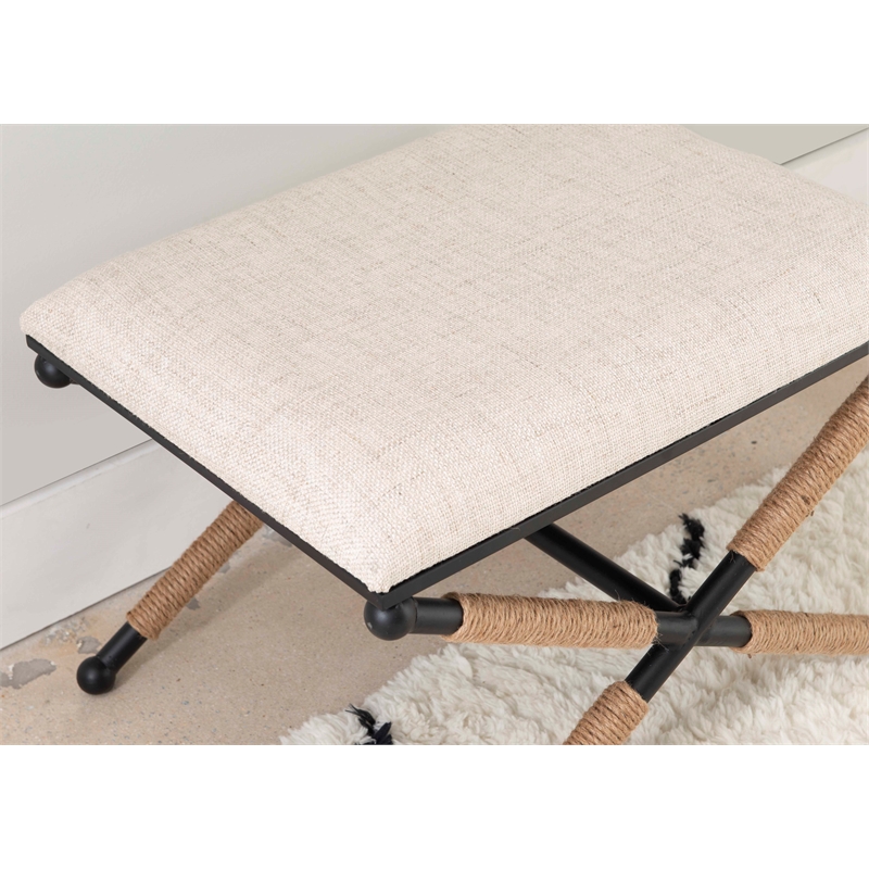 Maklaine Accent Stool Black Metal Legs with Rope Detail in Cream