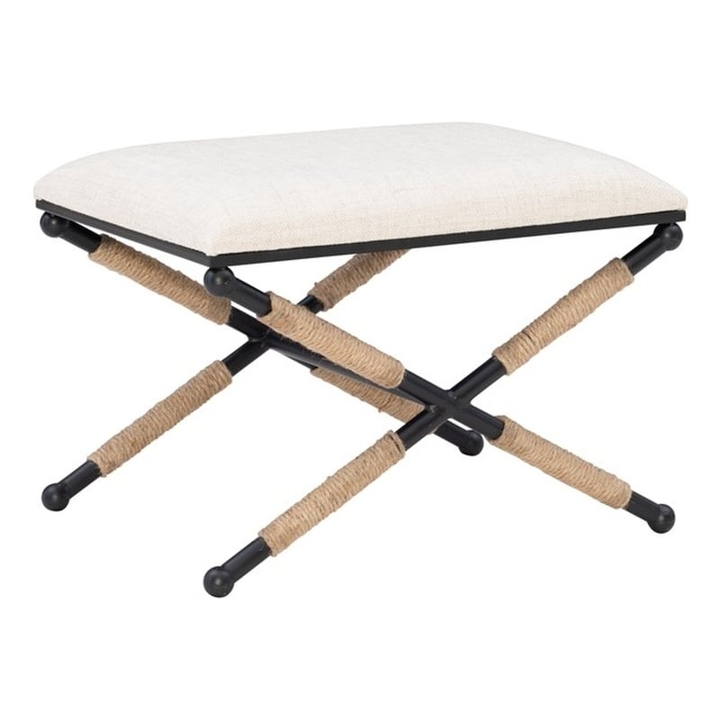 Maklaine Accent Stool Black Metal Legs with Rope Detail in Cream