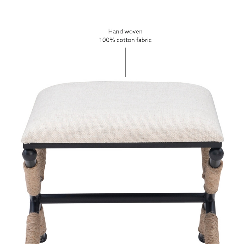 Maklaine Accent Stool Black Metal Legs with Rope Detail in Cream