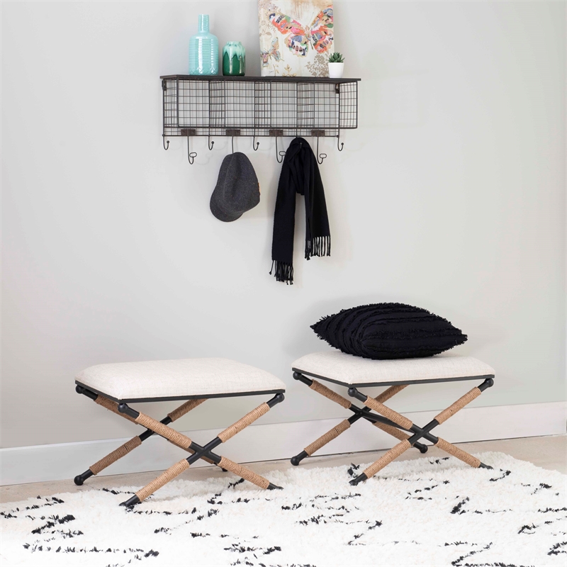 Maklaine Accent Stool Black Metal Legs with Rope Detail in Cream