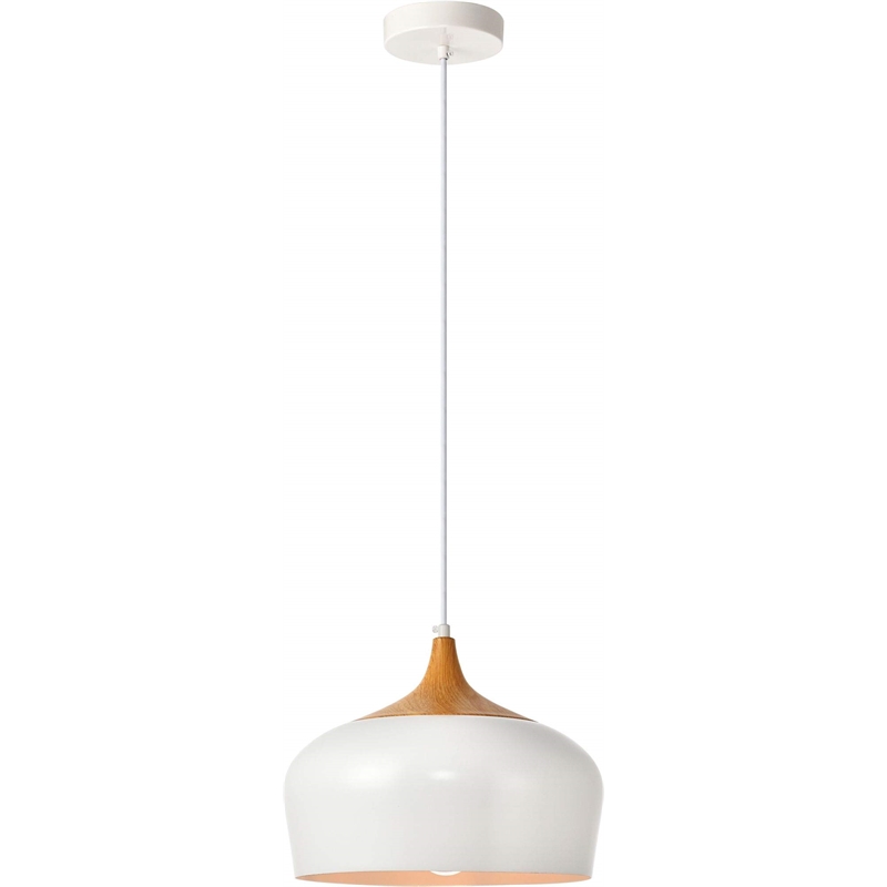 Maklaine Transitional 1 Light Aluminum Pendant in White & Natural Wood