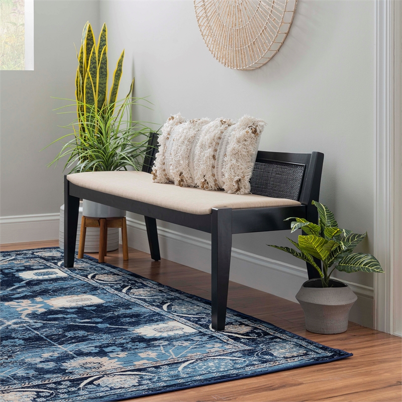 Maklaine Wood Bench Woven Cane Back Beige Padded Seat in Black Finish