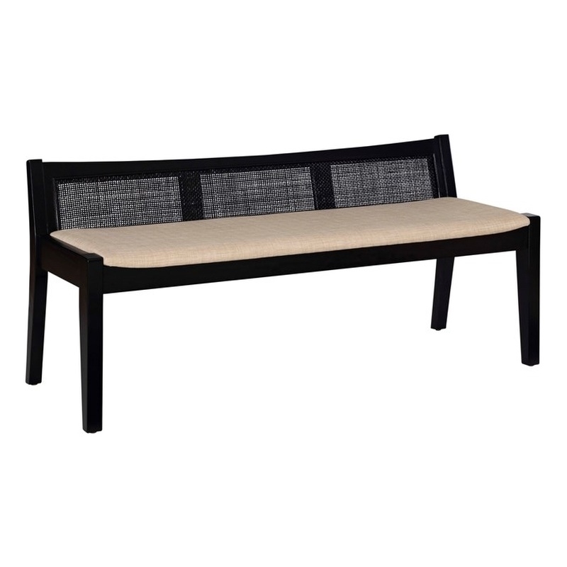 Maklaine Wood Bench Woven Cane Back Beige Padded Seat in Black Finish