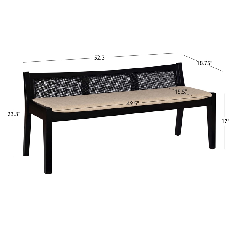 Maklaine Wood Bench Woven Cane Back Beige Padded Seat in Black Finish