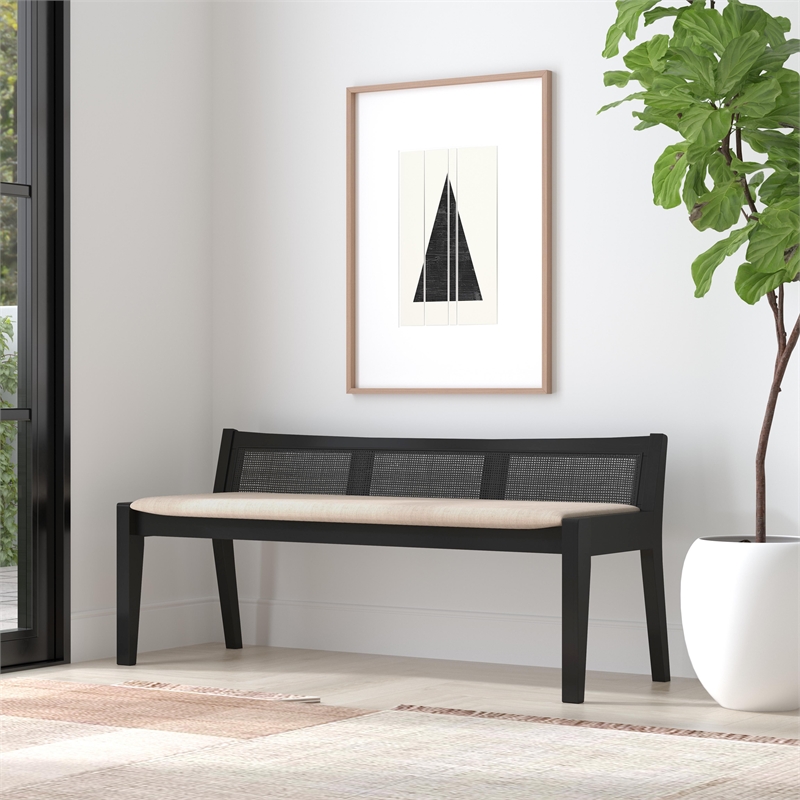 Maklaine Wood Bench Woven Cane Back Beige Padded Seat in Black Finish