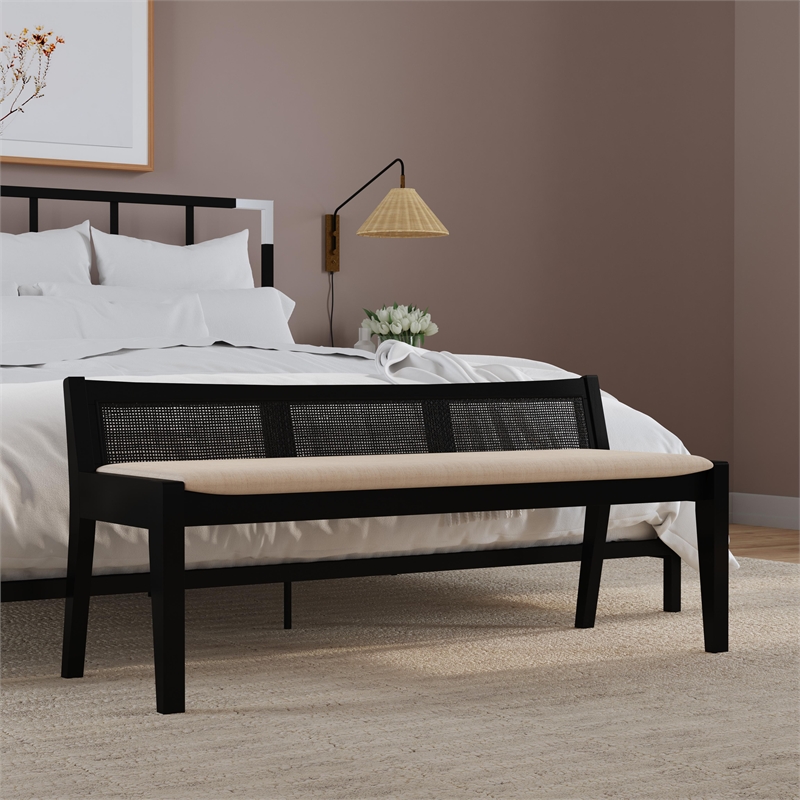 Maklaine Wood Bench Woven Cane Back Beige Padded Seat in Black Finish