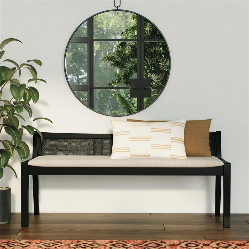 Maklaine Wood Bench Woven Cane Back Beige Padded Seat in Black Finish