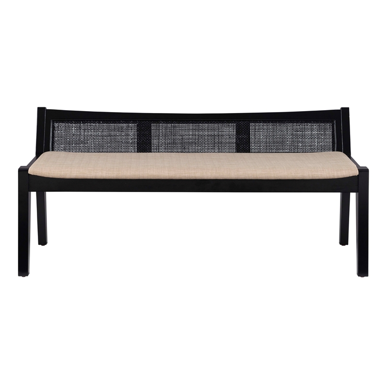 Maklaine Wood Bench Woven Cane Back Beige Padded Seat in Black Finish