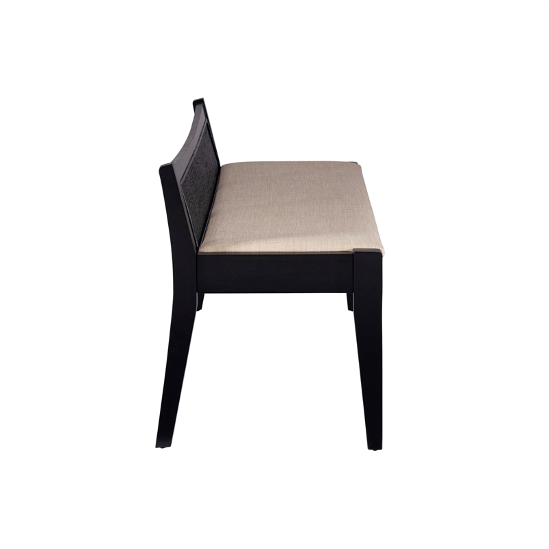 Maklaine Wood Bench Woven Cane Back Beige Padded Seat in Black Finish