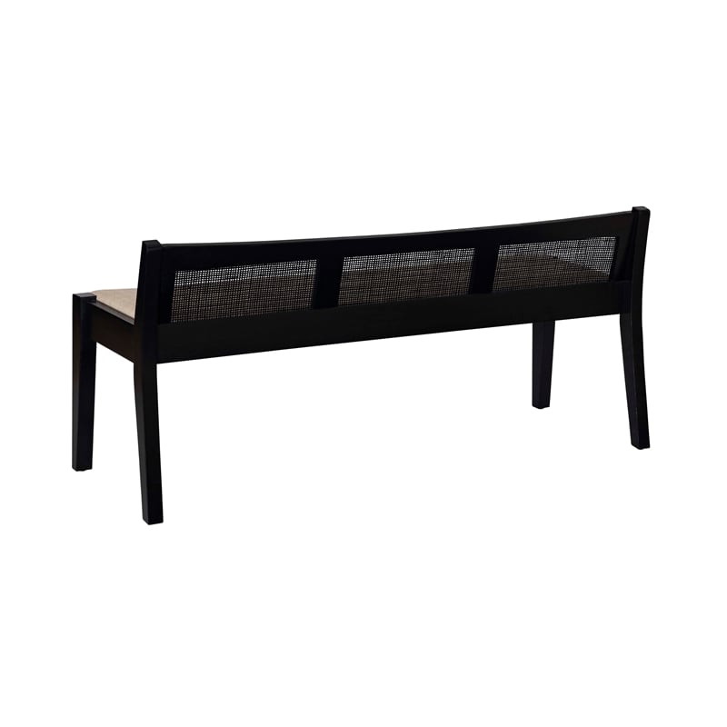 Maklaine Wood Bench Woven Cane Back Beige Padded Seat in Black Finish
