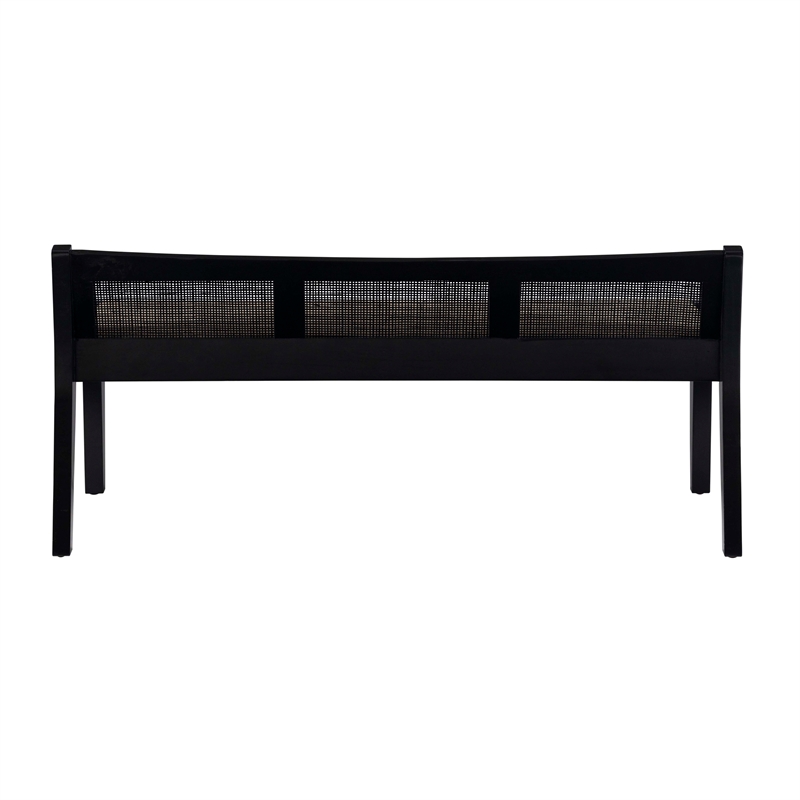 Maklaine Wood Bench Woven Cane Back Beige Padded Seat in Black Finish