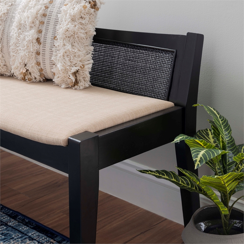 Maklaine Wood Bench Woven Cane Back Beige Padded Seat in Black Finish