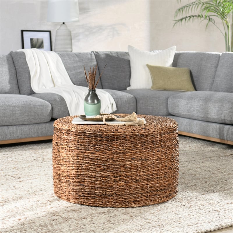 Maklaine Transitional Round Rattan Abaca Coffee Table in Multi Brown