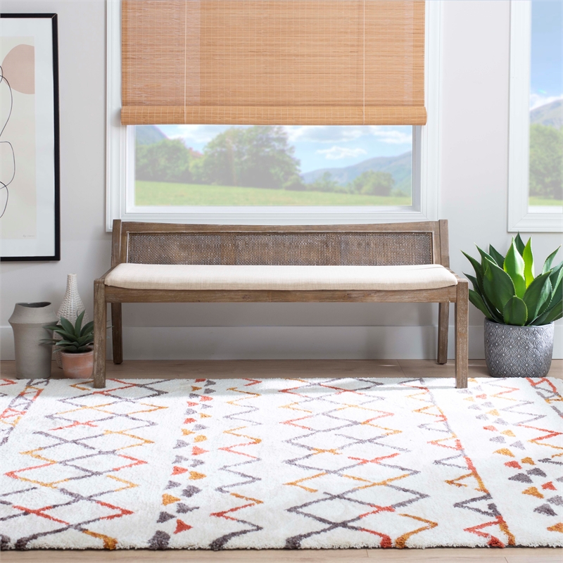 Maklaine Wood Bench Woven Cane Back Beige Padded Seat in Brown Stain Finish