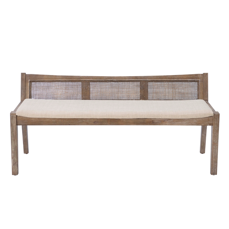 Maklaine Wood Bench Woven Cane Back Beige Padded Seat in Brown Stain Finish