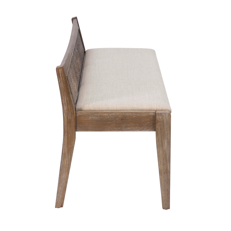 Maklaine Wood Bench Woven Cane Back Beige Padded Seat in Brown Stain Finish