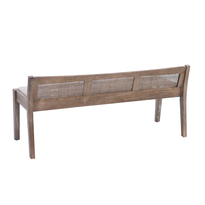 Maklaine Wood Bench Woven Cane Back Beige Padded Seat in Brown Stain Finish