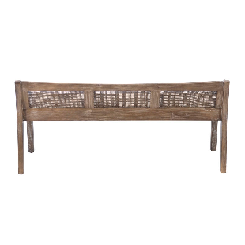 Maklaine Wood Bench Woven Cane Back Beige Padded Seat in Brown Stain Finish