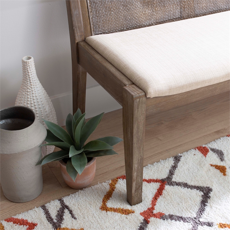 Maklaine Wood Bench Woven Cane Back Beige Padded Seat in Brown Stain Finish