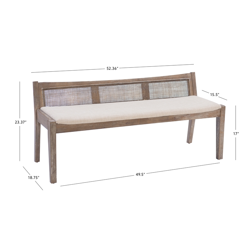 Maklaine Wood Bench Woven Cane Back Beige Padded Seat in Brown Stain Finish