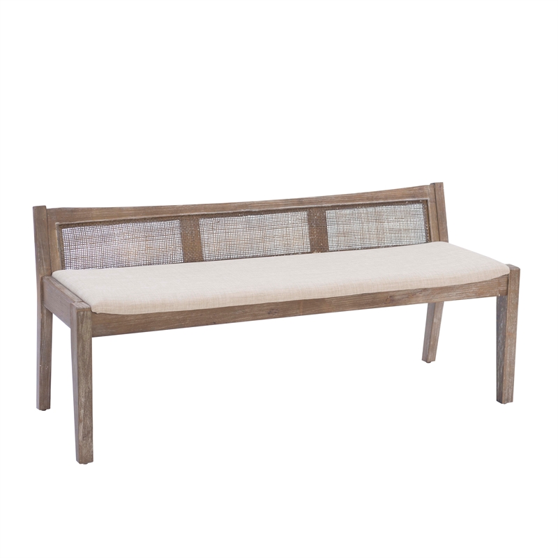 Maklaine Wood Bench Woven Cane Back Beige Padded Seat in Brown Stain Finish