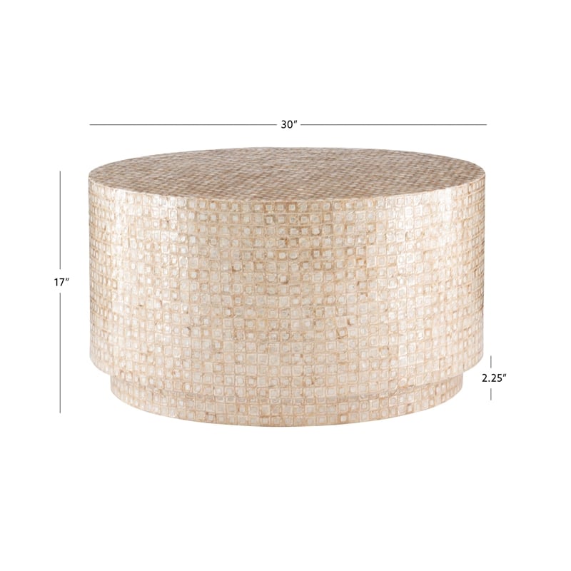 Maklaine Round Coffee/Accent Table in Gold/Ivory Capiz Shell Mosaic Finish