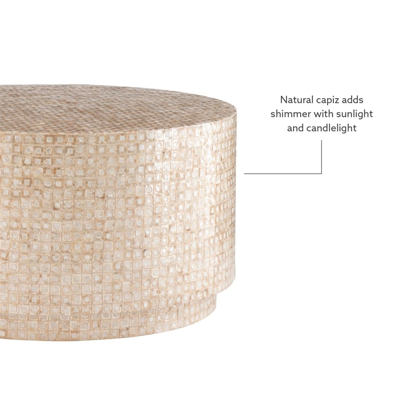 Maklaine Round Coffee/Accent Table in Gold/Ivory Capiz Shell Mosaic Finish