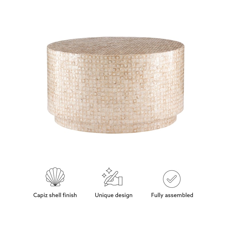 Maklaine Round Coffee/Accent Table in Gold/Ivory Capiz Shell Mosaic Finish