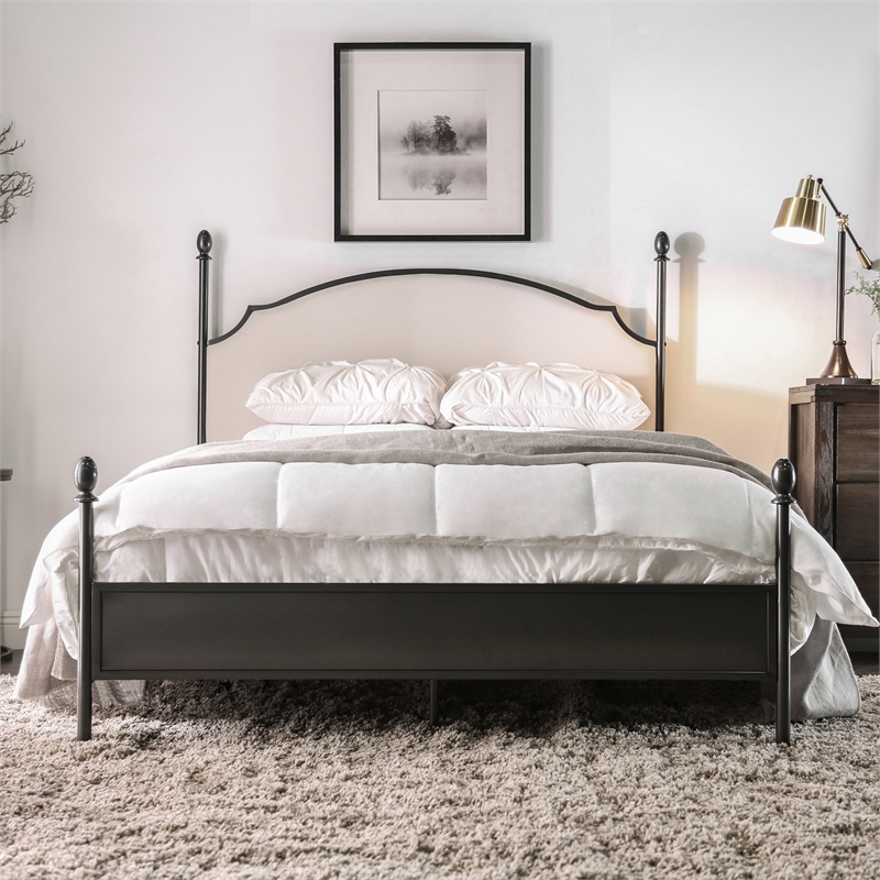 Maklaine Transitional Metal Queen Poster Panel Bed in Silver Gun Metal