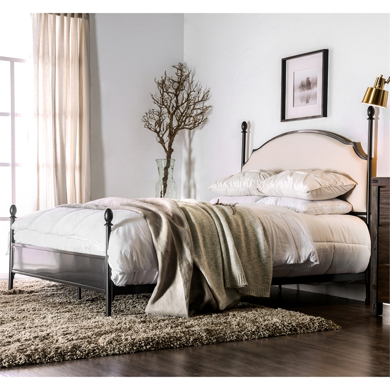 Maklaine Transitional Metal Queen Poster Panel Bed in Silver Gun Metal