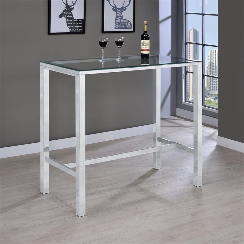Maklaine Contemporary Rectangular Glass Top Pub Table in Clear