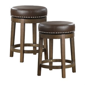 Maklaine 24&quot Faux Leather Round Swivel Counter Stool in Brown (Set of 2)
